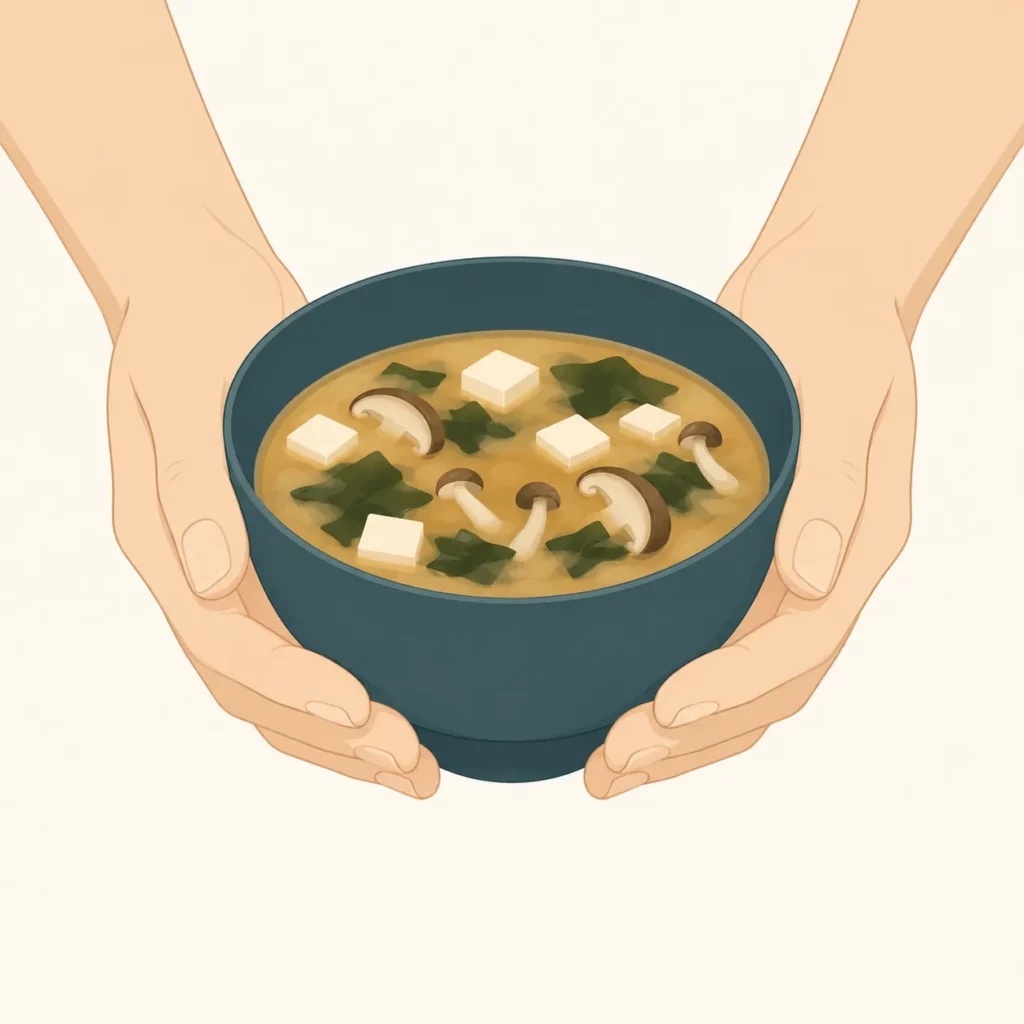 腸活_味噌汁に具材を加える手元のイラスト