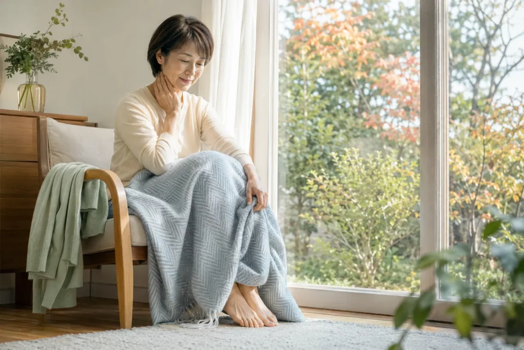 上半身にほてりを感じながら、冷えた足元をブランケットで包む女性