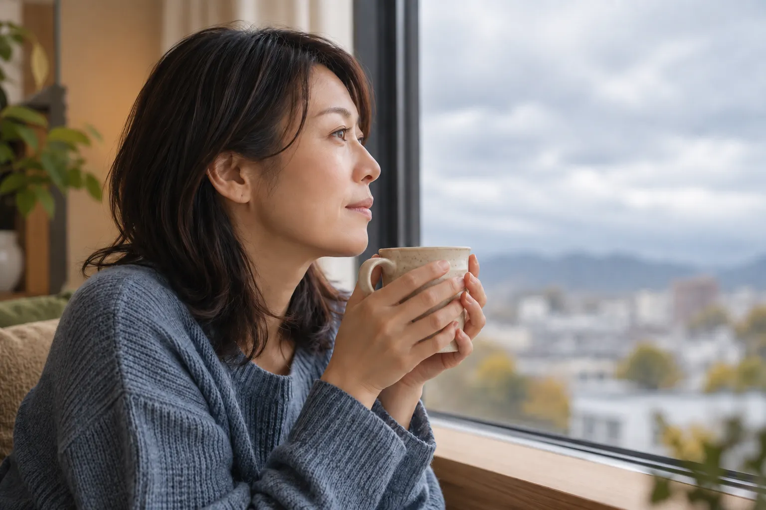 天候の変化を感じる秋の朝、温かい飲み物で過ごす女性