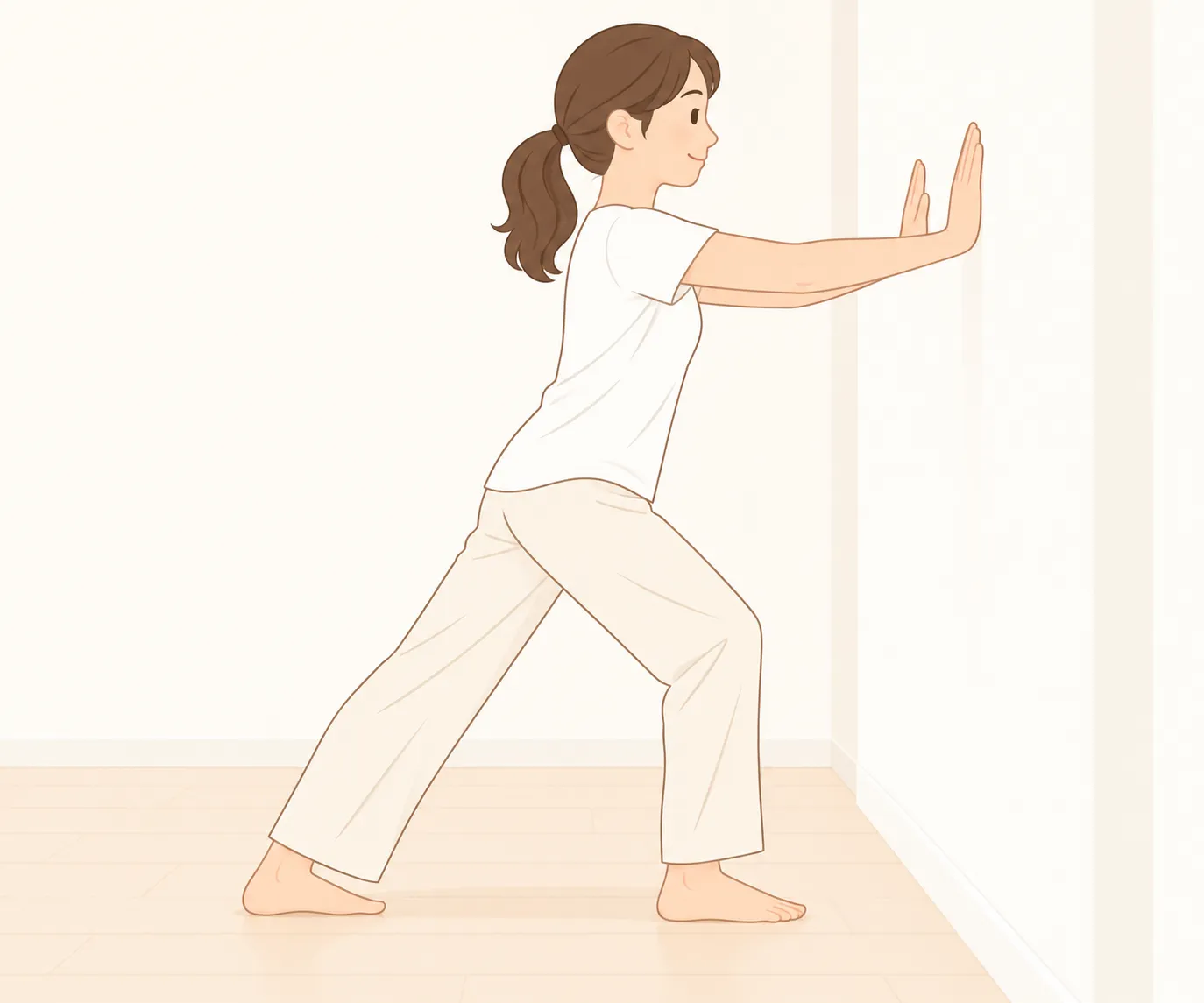 ふくらはぎ：壁に手をついてふくらはぎのストレッチをする女性