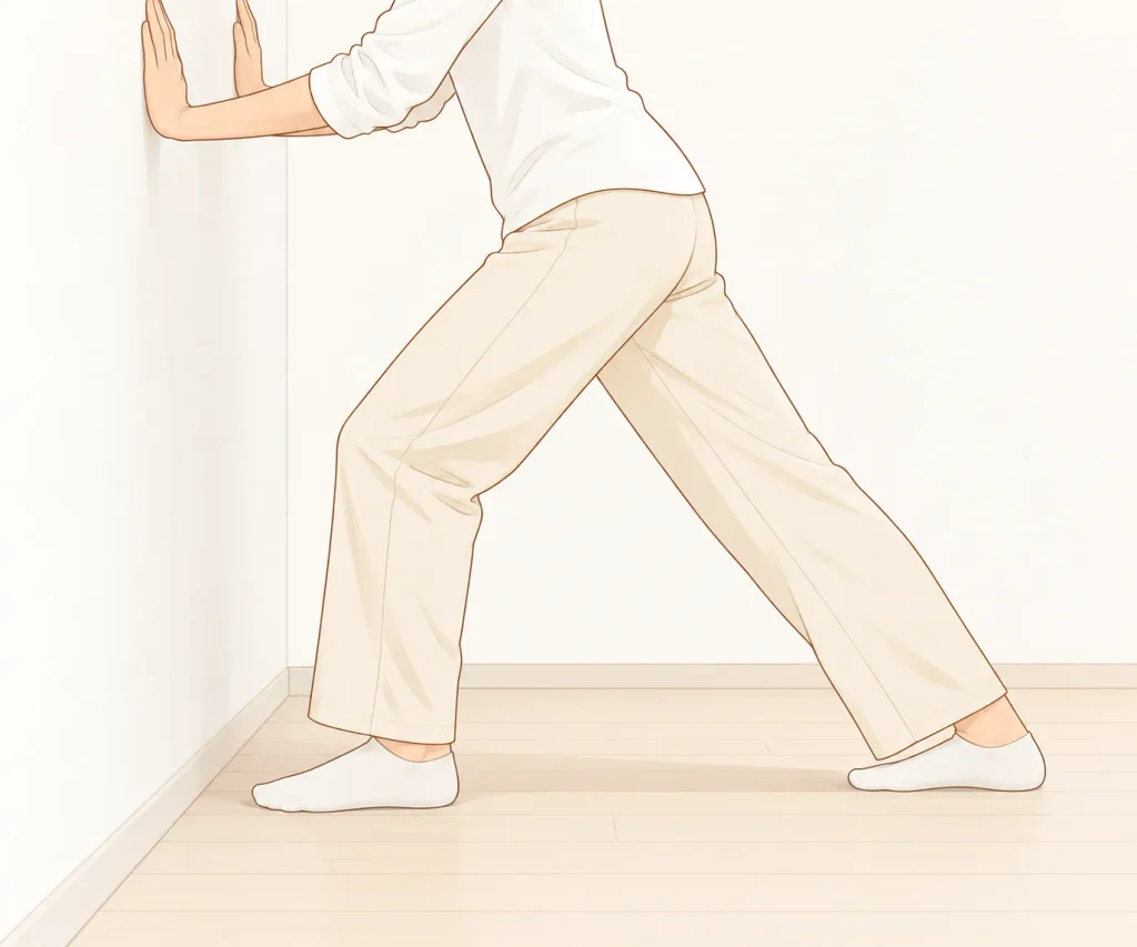 ふくらはぎ：壁を使ったアキレス腱伸ばしストレッチのフラットイラスト