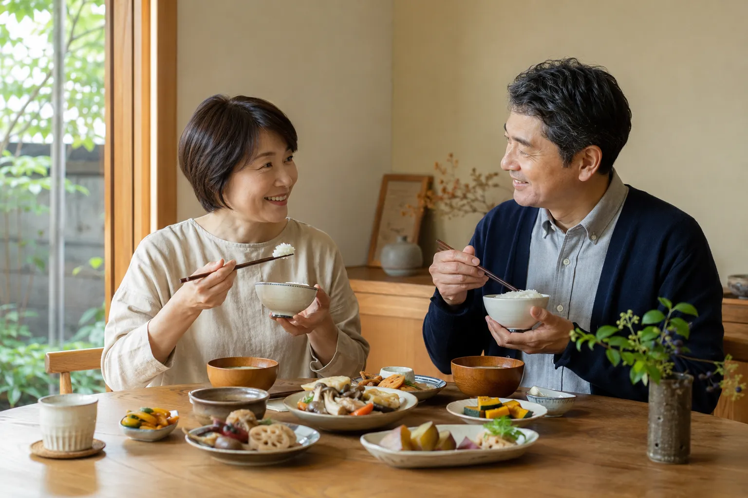 血糖値 を意識した秋の和食を食べる日本人夫婦