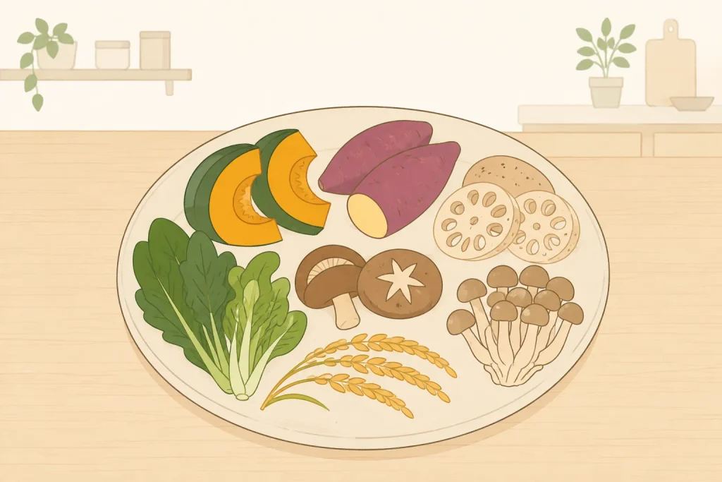 血糖値 ケアに役立つ秋の食材と食べ方のイラスト