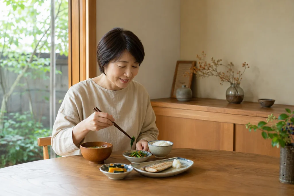 血糖値 の上昇を抑えるベジファーストを行う日本人女性
