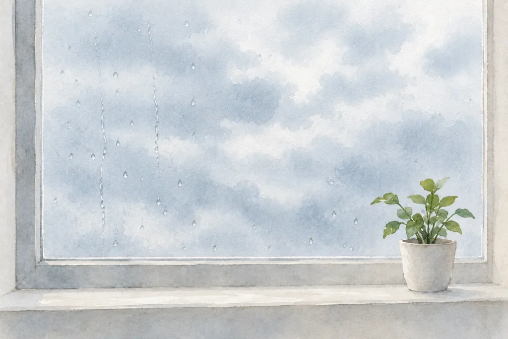 日光 が少ない雨の日の窓辺と小さな鉢植え