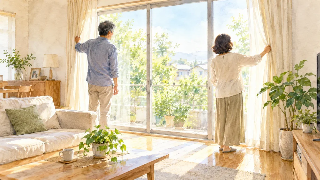 日光 を取り入れようと朝のリビングでカーテンを開ける日本人夫婦