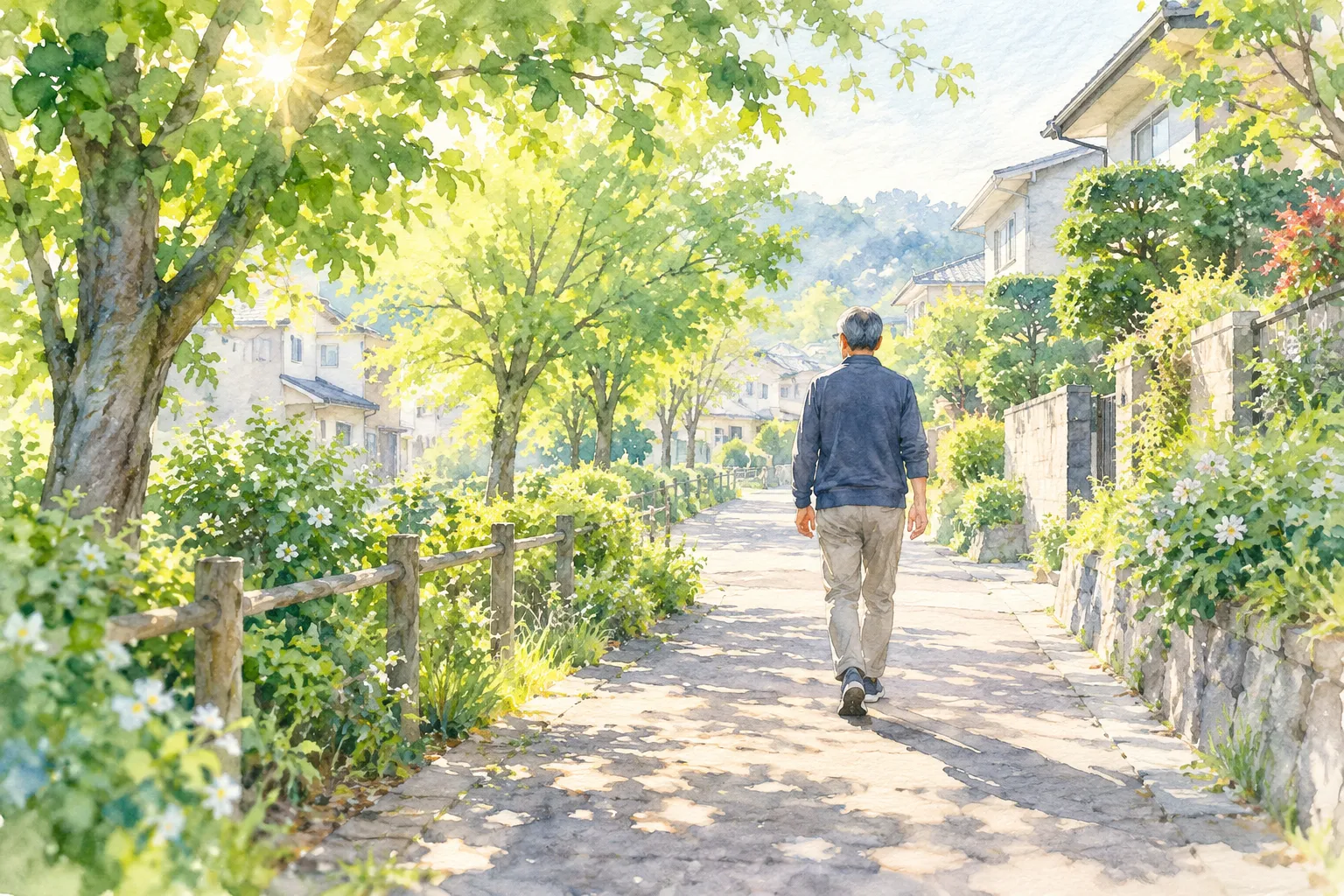 日光 を浴びながら朝の散歩を楽しむ50代の日本人男性