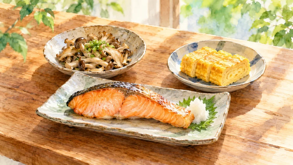 日光 不足の時期に意識したい、鮭ときのこのある朝食