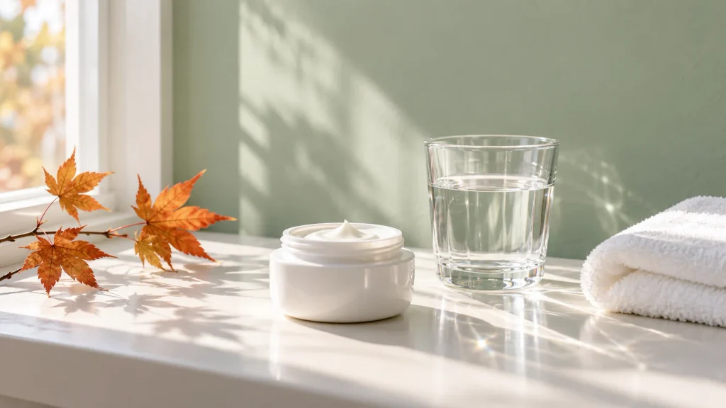 秋の光が差し込む窓辺に並ぶ保湿クリーム、水のグラス、白いタオルと紅葉した枝。