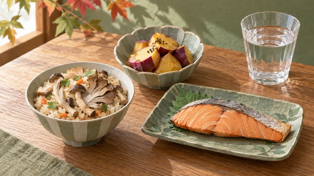 木の食卓に並ぶ、1人用の茶碗に盛ったきのこの炊き込みご飯、さつまいもの煮物、焼き鮭、水のグラスを描いた立体的な切り絵風イラスト